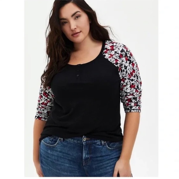 DISNEY MICKEY & MINNIE BLACK HENLEY RAGLAN TOP Size 1X (14-16) - Picture 1 of 5
